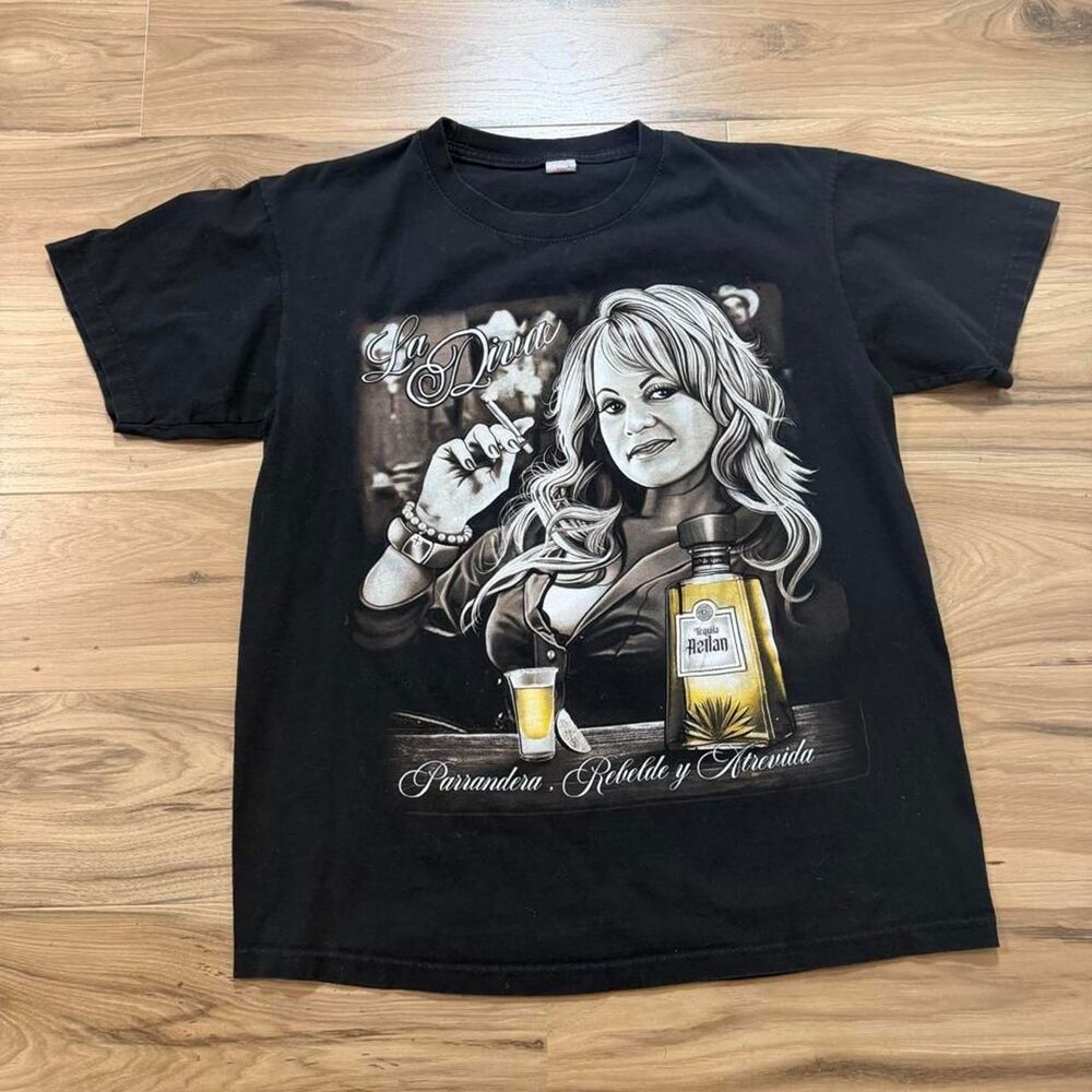 Y2K Black Juana La Loca Tequila Graphic T-woman holding a cigarette size Medium